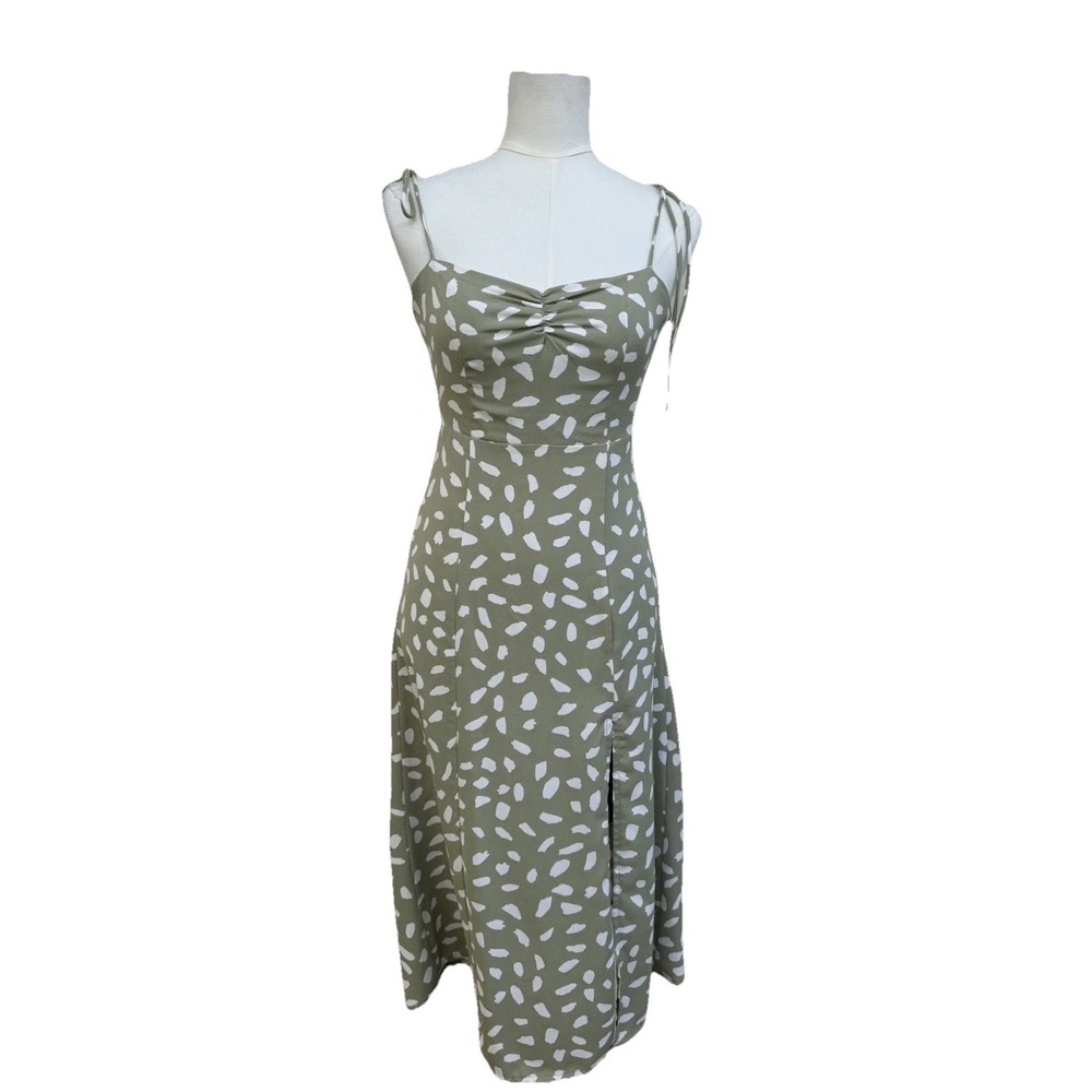 Lulus Green Floral Midi Dress XS Tie Strap Slit Cottagecore Garden Wedding Guest